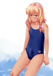  1boy bad_id blonde_hair blush braid collarbone daisuke flat_gaze genderswap hair_ribbon kirisaki_akihito kirisame_marisa long_hair looking_at_viewer male male_focus mizuki one-piece_swimsuit penis_under_clothes ribbon school_swimsuit solo swimsuit tamako_mizu touhou trap water_cube wavy_mouth wet yellow_eyes 