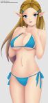 1girl alluring artist_self-insert bikini blonde_hair blue_eyes female_focus female_only front hair_bow hands_on_own_chest hylian hylian_ears long_hair looking_at_viewer medium_breasts nidavellirstudios nintendo pale-skinned_female princess princess_zelda simple_background solo_female the_legend_of_zelda the_legend_of_zelda:_tears_of_the_kingdom thighs upper_body