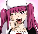 1girl bleach blush bust dokugamine_riruka eyelashes finger_in_mouth fish_hook fullbringer green_nails hanya_(hanya_yashiki) hanyapunifu hat long_hair looking_at_viewer mouth_pull nail_polish one_eye_closed open_mouth pinky_out purple_eyes purple_hair sexually_suggestive solo tongue twin_tails twintails upper_body uvula wink