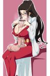 1girl autofellatio autopaizuri black_hair blush breasts censored cleavage cum cum_in_mouth cum_in_own_mouth dragonaut ejaculation erect_nipples fellatio full-package_futanari futanari glasses handsfree_ejaculation highres huge_breasts kitajima_yuuri lab_coat labcoat long_hair masturbation newhalf nipples oral oshiruko_(shiruko) paizuri paizuri_under_clothes penis ponytail simple_background sitting solo testicles usatarou veins veiny_penis