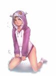 androgynous blush bottomless cream_(stand) footwear frown heart hood hoodie jewelry jojo's_bizarre_adventure jojo_no_kimyou_na_bouken kneel kneeling long_hair male male_focus pansky red_eyes simple_background single_earring socks solo stand_(jojo) sweat trap vanilla_ice white_background white_hair