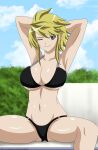  1girl akame_ga_kill! alluring arms_behind_head artist_name big_breasts bikini black_bikini blonde_hair cleavage female_only high_res krazykamikaze44 leone_(akame_ga_kill!) looking_at_viewer navel pose posing sensual short_hair spread_legs swimsuit thighs under_boob yellow_eyes 