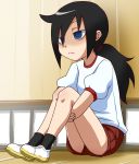  1girl bags_under_eyes black_hair blue_eyes female frown goriate gym_uniform kuroki_tomoko leg_hug long_hair ponytail shaded_face shoes shorts sitting socks solo watashi_ga_motenai_no_wa_dou_kangaetemo_omaera_ga_warui! 