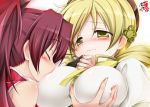 2girls big_breasts blonde_hair blush breast_grab breast_sucking breasts closed_eyes commentary_request couple drill_hair fingerless_gloves gloves grabbing hair hair_ornament impossible_clothes impossible_shirt kemoyuri large_breasts lilyl0ve long_hair mahou_shoujo_madoka_magica multiple_girls red_hair sakura_kyouko shirt tomoe_mami twin_drills twintails yellow_eyes yuri