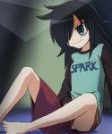 1girl bags_under_eyes barefoot black_hair clothes_writing english female green_eyes gym_shorts hair_over_one_eye hand_under_clothes haruyama haruyama_kazunori kuroki_tomoko long_hair masturbation panties shorts smile solo underwear upshorts watashi_ga_motenai_no_wa_dou_kangaetemo_omaera_ga_warui! white_panties