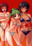 3girls askray bikini blush bosshi bulge cover futabu futanari highres multiple_girls sling_bikini swimsuit tan