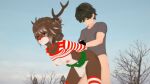  arms_held_back bell bell_collar breasts brown_eyes brown_fur christmas christmas_outfit doggy_position from_behind from_behind_position furry furry_female holiday holidays horns male/female original outside red_nose reindeer reindeer_antlers reindeer_girl striped_pantyhose striped_shirt xmas 