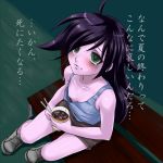  1girl bags_under_eyes bench black_hair blush chopsticks cup_ramen down_blouse downblouse female flat_chest green_eyes kemi433 kuroki_tomoko messy_hair nipples sad shorts solo tank_top tears translation_request watashi_ga_motenai_no_wa_dou_kangaetemo_omaera_ga_warui! 