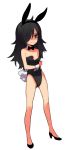  1girl animal_ears bad_id bags_under_eyes bare_legs black_hair bunny_ears bunny_girl bunnysuit fake_animal_ears female flat_chest green_eyes high_heels kuroki_tomoko long_hair naso4 nipples oversized_clothes simple_background smile solo sweat tomoko_kuroki wardrobe_malfunction watashi_ga_motenai_no_wa_dou_kangaetemo_omaera_ga_warui! wavy_mouth white_background 