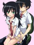  &gt;:( 1_girl 1boy 1girl bags_under_eyes black_hair blue_eyes blush brother brother_and_sister duo female flat_chest green_eyes hair_over_one_eye implied_incest kuroki_tomoki kuroki_tomoko long_hair looking_at_viewer necktie no_bra older_sister open_clothes open_shirt school_uniform sena_monaco shirt short_hair siblings sister sitting sitting_on_lap sitting_on_person skirt smile watashi_ga_motenai_no_wa_dou_kangaetemo_omaera_ga_warui! younger_brother 