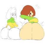  1boy 1girl anthro asriel_dreemurr ass ass_focus ass_to_ass big_ass black_eyes bottomless breasts brown_hair chara edit huge_ass human seductive simple_background size_difference undertale undertale_(series) white_fur 