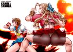  2girls 90s ass bike_shorts blonde_hair blue_sailor_collar brown_eyes buruma capcom character_name copyright_name drill_hair fighting_stance fingerless_gloves gloves hair_slicked_back headband huge_ass kanzuki_karin kasugano_sakura midriff multiple_girls panties panties_over_bike_shorts school_uniform short_hair shorts_under_skirt skin_tight skirt skirt_lift street_fighter street_fighter_zero street_fighter_zero_3 teketeke_(tekenotteke) thong underwear 