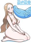 1girl 2020 alternate_color alternate_version_available barefoot blush breasts ditto female female_human game_freak green_eyes human kneeling lingerie lipstick long_hair looking_away makeup megasweet nintendo nipples nude oleana_(pokemon) on_knees pokemon pokemon_ss shiny_pokemon simple_background