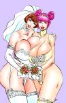  2_girls blue_eyes brown_eyes brown_hair gigantic_breasts milf onesheeparmy pink_hair sexy sexy_ass sexy_body sexy_breasts wedding_dress yuri 