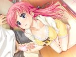  1girl breasts censored cum cum_on_body cum_on_breasts cum_on_upper_body game_cg handjob happoubi_jin kanojo_x_kanojo_x_kanojo orifushi_akina panty_on_penis pantyjob penis pink_hair shiki_haruomi sitting yokozuwari 