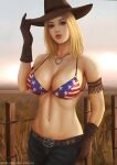  1girl alluring american_flag_bikini athletic_female belt big_breasts bikini blonde_hair cowboy_hat dead_or_alive female_abs fit_female flag_print hat high_res patreon_username swimsuit tecmo tina_armstrong yupachu 