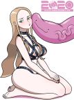 1girl 2020 alternate_version_available barefoot blush breasts ditto female female_human game_freak green_eyes human kneeling lingerie lipstick long_hair looking_away makeup megasweet mostly_nude nintendo nipples oleana_(pokemon) on_knees pokemon pokemon_ss simple_background