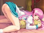 1girl all_fours ass ass_up bed bed_sheet blue_eyes blush censored game_cg indoors ishigaki_takashi long_hair looking_back no_panties open_mouth pillow pink_hair pussy saliva school_uniform skirt solo wet