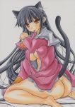 1girl animal_ears ass black_hair blush bottomless breasts brown_eyes cat_ears cat_tail female houraisan_kaguya kemonomimi_mode long_hair mouth_hold open_clothes open_shirt shirt sideboob sitting smile solo tail touhou uneven_eyes yutakasan-love