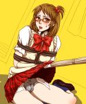  atlus bdsm blush bondage bound brown_eyes brown_hair bulge crossdressing futanari glasses hanamura_yousuke lilysick lingerie lipstick long_hair makeup male male_focus persona persona_4 ponytail rope school_uniform side_ponytail sitting skirt sweater_vest trap underwear 