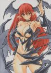 1girl bat_wings big_breasts blush breasts choker cleavage curvy female hand_on_hip koakuma large_breasts long_hair marker_(medium) navel pointy_ears red_eyes red_hair simple_background smile solo touhou traditional_media uneven_eyes white_background wide_hips wings yutakasan-love