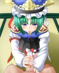  1girl blue_eyes clothed_female_nude_male green_hair hair handjob hat headgear katou_kaiou panties panty_on_penis pantyjob penis pov shiki_eiki shikieiki_yamaxanadu short_hair solo_focus touhou uncensored underwear 