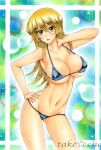 1girl :o alexis_rhodes armpits asuka_tenjouin big_breasts bikini blonde_hair blue_bikini blush breasts cleavage collarbone contrapposto female female_only hair_between_eyes hand_on_hip hand_on_neck human long_hair midriff navel open_mouth simple_background sketch solo_female standing swimsuit tagme takecha tenjouin_asuka text traditional_media underboob watermark yellow_eyes yu-gi-oh! yu-gi-oh!_gx yuu-gi-ou yuu-gi-ou_gx