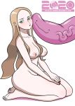  1girl 2020 alternate_version_available barefoot blush breasts ditto female female_human game_freak green_eyes human kneeling lingerie lipstick long_hair looking_away makeup megasweet nintendo nipples nude oleana_(pokemon) on_knees pokemon pokemon_ss simple_background 