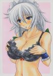 1girl bad_id bare_shoulders big_breasts black_bra blue_eyes bra braid breasts bust cleavage female izayoi_sakuya large_breasts maid_headdress navel pink_background short_hair silver_hair simple_background solo touhou twin_braids underwear upper_body white_border wrist_cuffs yutakasan-love