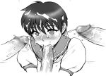 1girl 3boys blush bukkake capcom censored cum cum_on_hair facial fellatio kasugano_sakura monochrome oral penis sailor_uniform school_uniform serafuku short_hair solo_focus st.germain-sal street_fighter white_background