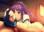 1girl asagiri_luna blue_eyes buruma censored clothed_female_nude_male coffee-kizoku cum game_cg gym_storeroom gym_uniform handjob marble_bloomers panties panty_on_penis pantyjob penis ponytail pov purple_hair solo_focus underwear