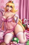 1girl blonde blonde_hair blue_eyes bra breasts crown earrings female female_human female_only gloves high_heels human indoors long_blonde_hair long_gloves long_hair looking_at_viewer mostly_nude panties pink_high_heels piranha_plant princess_peach solo stockings super_mario_bros. white_stockings yoshi