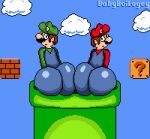 ?_block ass ass_to_ass babyboilogey background big_ass brother_and_brother clothed cloud color digital_media_(artwork) hat hyper hyper_ass hyper_butt looking_at_viewer looking_back luigi male male_only mario mario_bros moustache nintendo pixel_art shiny_ass siblings sky stuck super_mario_bros. thick thick_thighs thin_waist warp_pipe watermark wide_hips yaoi