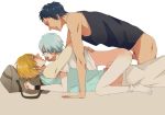 3boys anal aomine_daiki bag blonde_hair blue_eyes blue_hair blush bottomless from_behind frottage grinding group_sex hand_on_mouth human kise_ryouta kuroko_no_basuke kuroko_tetsuya male male_focus male_only matching_hair/eyes multiple_boys multiple_penises penis penises_touching sex sweat threesome uncensored yaoi yellow_eyes