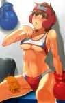  1girl bad_id belly bikini boxing boxing_gloves boxing_headgear boxing_helmet breasts brown_eyes brown_hair buruma capcom cleavage crop_top hair kasugano_sakura keiko_rin midriff navel short_hair solo sports_bra street_fighter sweat swimsuit underboob 