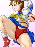 1boy 1girl brown_hair capcom high_kick isu kasugano_sakura kick kicking lowres oekaki panties red_panties ryuu_(street_fighter) school_uniform serafuku street_fighter thick_thighs underwear when_you_see_it wind_lift