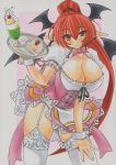 1girl alternate_costume alternate_hairstyle bat_wings big_breasts breasts cleavage curvy enmaided female garter_straps head_wings koakuma large_breasts leaning_forward long_hair maid marker_(medium) pink_background red_hair simple_background smile solo stockings thighhighs touhou traditional_media uneven_eyes very_long_hair white_border white_legwear wings wrist_cuffs yutakasan-love