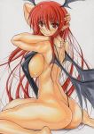 1girl ass bare_legs bat_wings bikini blush breasts erect_nipples face female hand_in_hair head_wings huge_breasts koakuma long_hair marker_(medium) micro_bikini nipples pointy_ears red_eyes red_hair sideboob sitting sling_bikini smile solo swimsuit the_embodiment_of_scarlet_devil touhou traditional_media wariza wings yutakasan-love