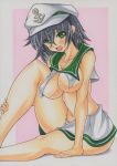 1girl bare_legs black_hair blush breasts female green_eyes hat murasa_minamitsu navel no_bra open_mouth pink_background revealing_clothes short_hair simple_background sitting solo touhou traditional_media white_border yutakasan-love