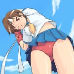  1girl bad_id brown_eyes brown_hair buruma capcom from_below hinemosu hinemosu_notari kasugano_sakura looking_down school_uniform serafuku solo street_fighter stretch upskirt 