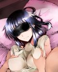 1girl big_breasts black_hair blindfold breast_grab breasts cosaten grabbing large_breasts paizuri paizuri_under_clothes penis penis_under_clothes pillow precum school_rumble solo_focus suou_mikoto under_clothes