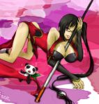 bare_shoulders between_breasts big_breasts black_bra black_hair blazblue bra breasts china_dress chinese_clothes cleavage erect_nipples female glasses high_res lao_jiu lingerie litchi_faye_ling long_hair lying moyomoyo nail_polish ponytail purple_eyes solo staff underwear