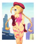 1girl ass beret blonde_hair blood blue_eyes braid cammy_white capcom chingisu fingerless_gloves gloves hat leotard long_hair one-piece_thong solo street_fighter twin_braids