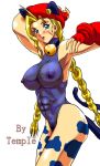 animal_ears bell bell_collar beret blonde_hair blue_eyes braid cammy_white capcom cat_ears cat_tail hat jingle_bell leotard muscle nipples see-through street_fighter streetfighter tail temple_(artist) twin_braids twin_tails