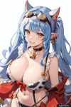 1girl ai_generated animal_ears animal_print bare_shoulders big_breasts bikini blue_hair breasts catura_(granblue_fantasy) cleavage cow_ears cow_girl cow_print female_only goggles goggles_on_head granblue_fantasy light_blue_hair looking_at_viewer neck_bell pointy_ears print_bikini red_coat swimsuit trynectar.ai twin_tails yellow_eyes