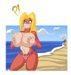 ? areola beach belt big_breasts blonde_hair bra breast_grab breasts candy_kong donkey_kong donkey_kong_(series) female gorilla hair lordstevie lordstevie_(artist) male navel nude pink sand seaside stealing theft water