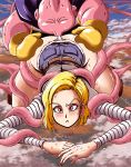 all_fours android_18 ass bent_over blonde_hair blue_eyes blush cloud clouds cunnilingus dragon_ball dragon_ball_z fat fat_man gloves hair hips legs looking_at_viewer majin_buu oral panties plump short_hair sucking sweat sweatdrop takimoto_dojo tentacle thighs underwear