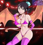 1girl areolae bat_wings big_breasts bikini black_hair bleach bra breasts brown_eyes demon_tail demon_wings female greengiant2012 hinamori_momo lipstick momo_hinamori nail_polish necklace panties solo stockings succubus swimsuit tail wings