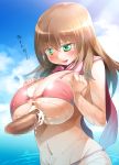 1girl bikini breast_squeeze breasts brown_hair censored cum cum_on_body cum_on_breasts cum_on_clothes cum_on_upper_body engulfing_paizuri green_eyes huge_breasts long_hair matsumi_yuu mound_of_venus navel ndotti1 ocean open_mouth paizuri paizuri_under_clothes penis penis_under_clothes perpendicular_paizuri pink_bikini saki_(series) saki_achiga-hen standing summer swimsuit water wet