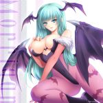  1girl aqua_hair bangs bare_shoulders barurai bat_print bat_wings big_breasts blue_eyes boots breasts bridal_gauntlets bururai capcom character_name cleavage clothed_navel covered_navel demon_girl elbow_gloves gloves green_hair head_wings heart_cutout large_breasts legs leotard long_hair looking_at_viewer morrigan_aensland nail_polish open_mouth pantyhose patterned_legwear print_legwear print_pantyhose solo succubus thighs vampire_(game) wings 